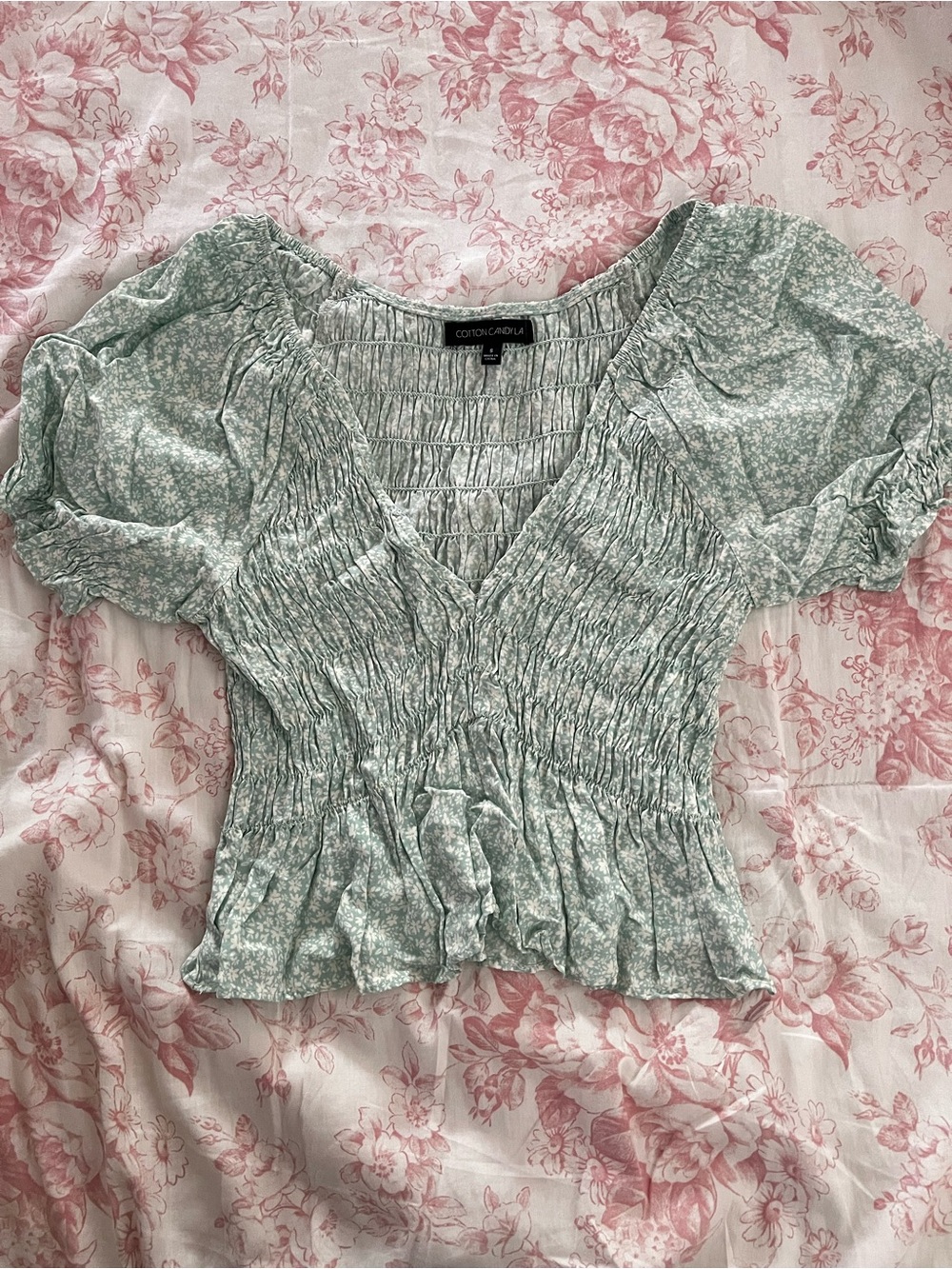 Mint Green Floral Shirred Puff Sleeve Crop Top